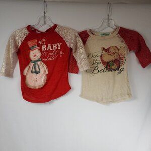 Pack of 2 Southern Grace Girls Christmas Lace Half Slv Santa Snowman Shirts 4-6Y
